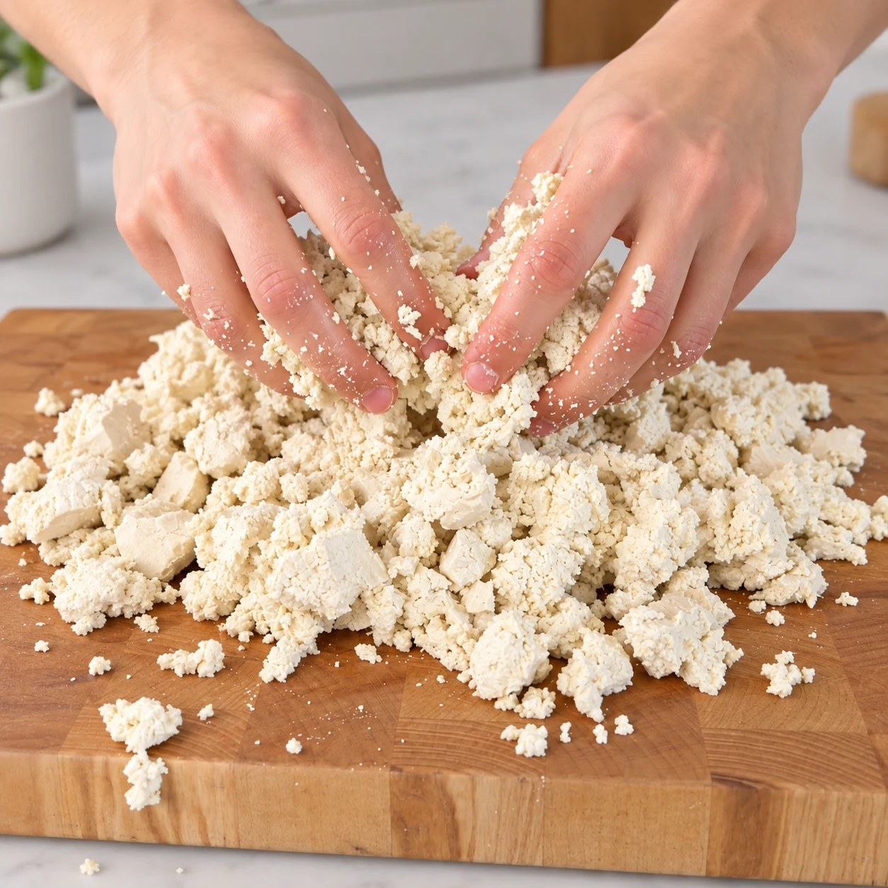 Deux mains anonymes émiettent du tofu blanc sur une planche stable.