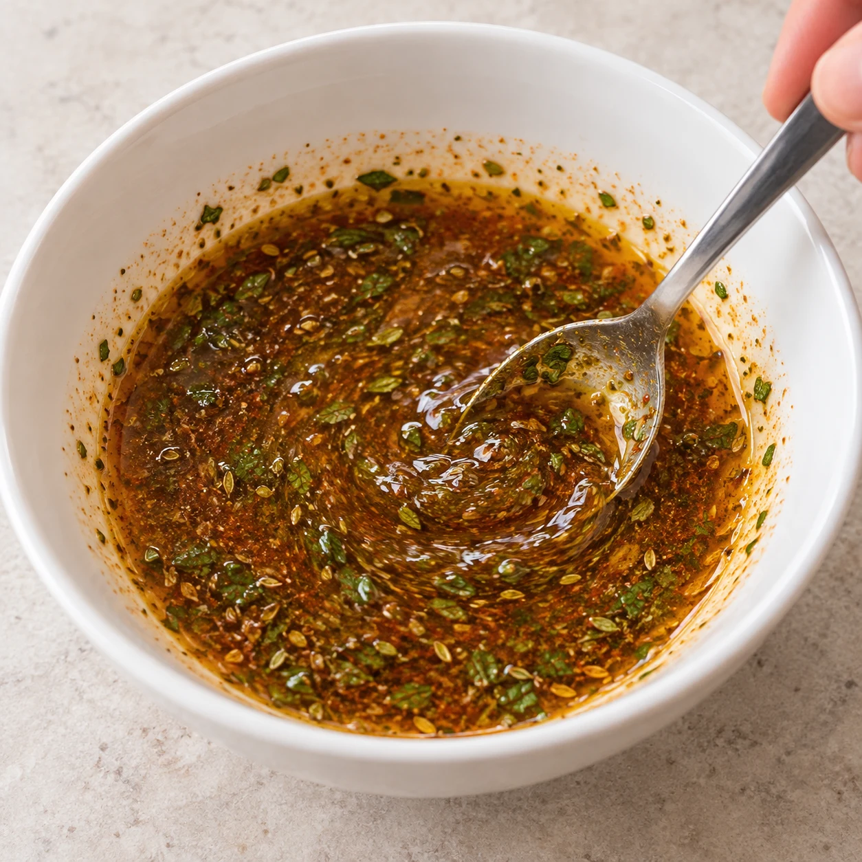 La marinade est fluide, brun orangé, et les épices y sont réparties.