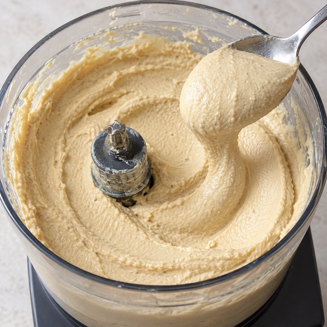 Continuer à mixer en ajoutant un peu d’eau bien froide, petit à petit, jusqu’à obtenir un houmous lisse et onctueux. Montrer seulement les ingrédients de cette phase, dans une mise en scène claire et anonyme.