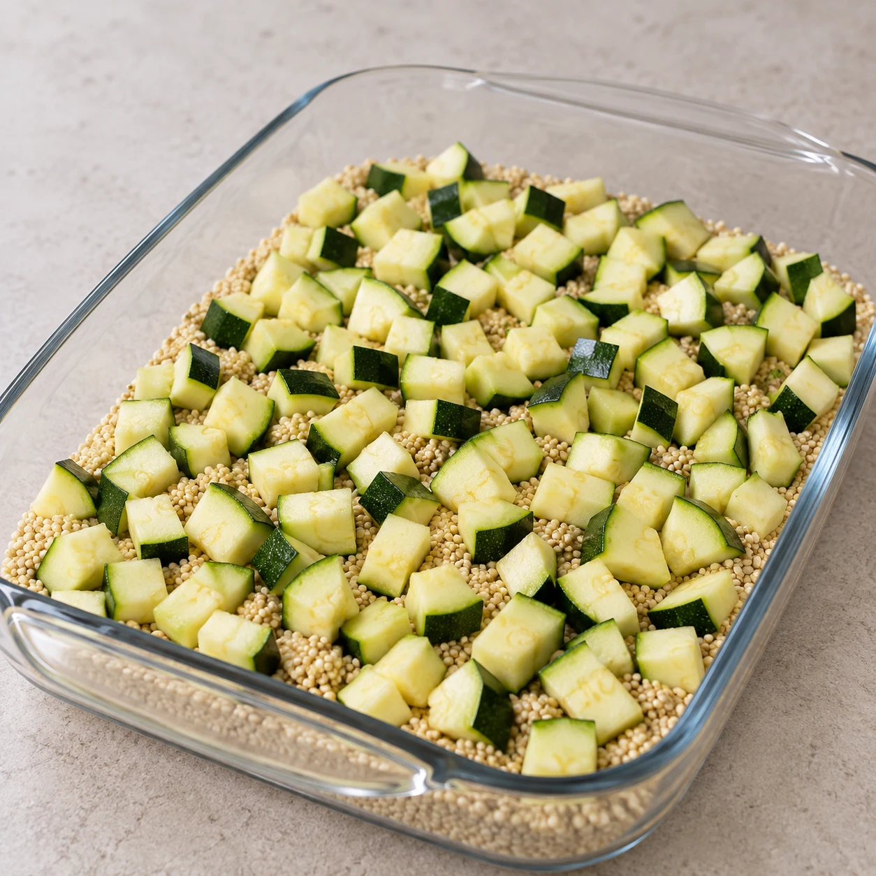 Répartis les dés de courgette sur le quinoa. Montrer uniquement les ingrédients déjà introduits ; cadrage rapproché, mains anonymes si utiles.