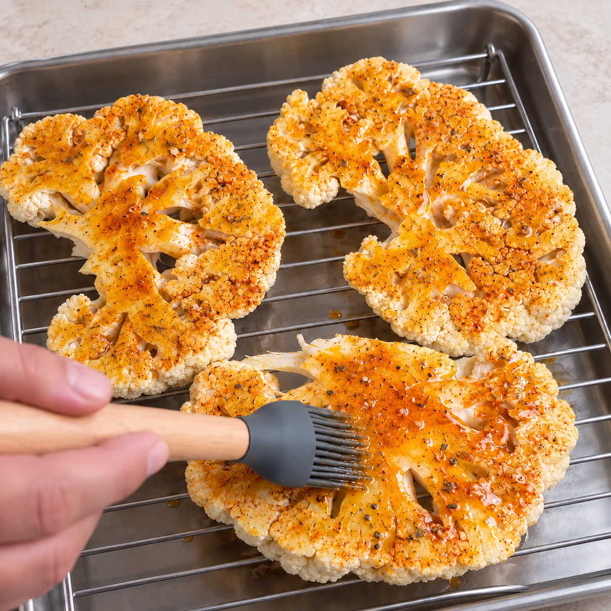 Pinceau en silicone appliquant la marinade sur trois steaks crus de chou-fleur posés sur grille métallique.
