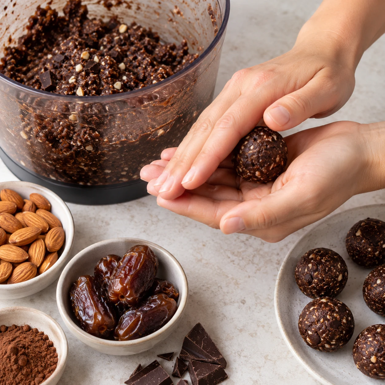 Mains adultes anonymes roulant une boulette sombre, pâte dattes cacao et amandes dans la cuve en arrière-plan.