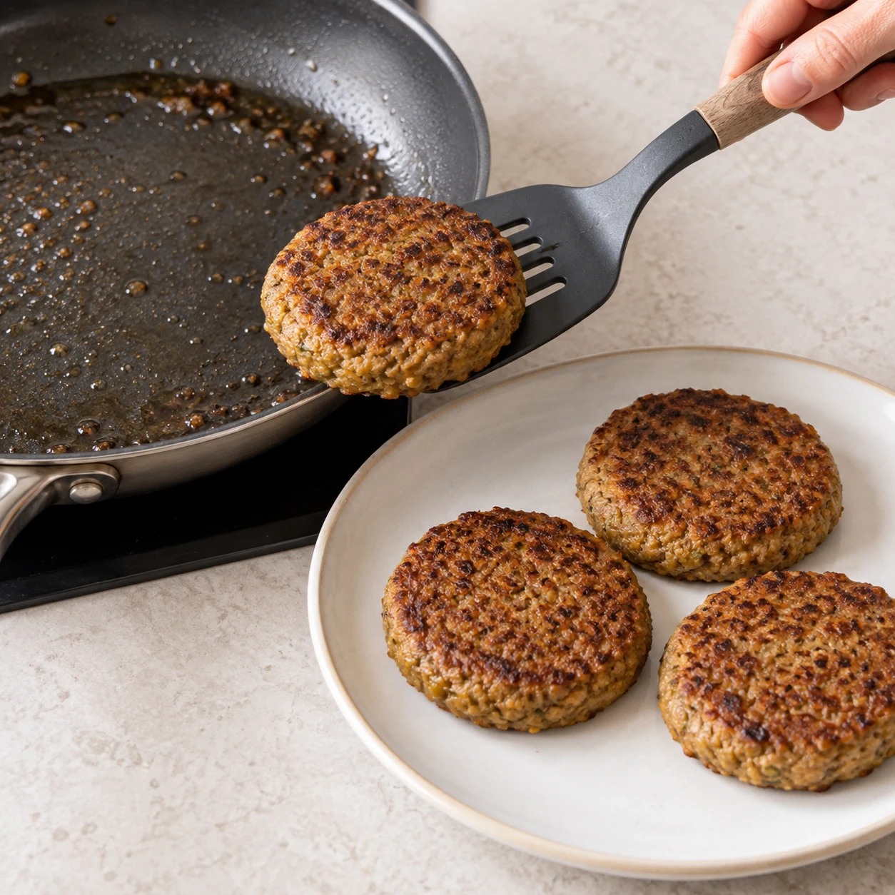 Transfert des steaks végétaux déjà formés, aux bords arrondis dorées avec une spatule.
