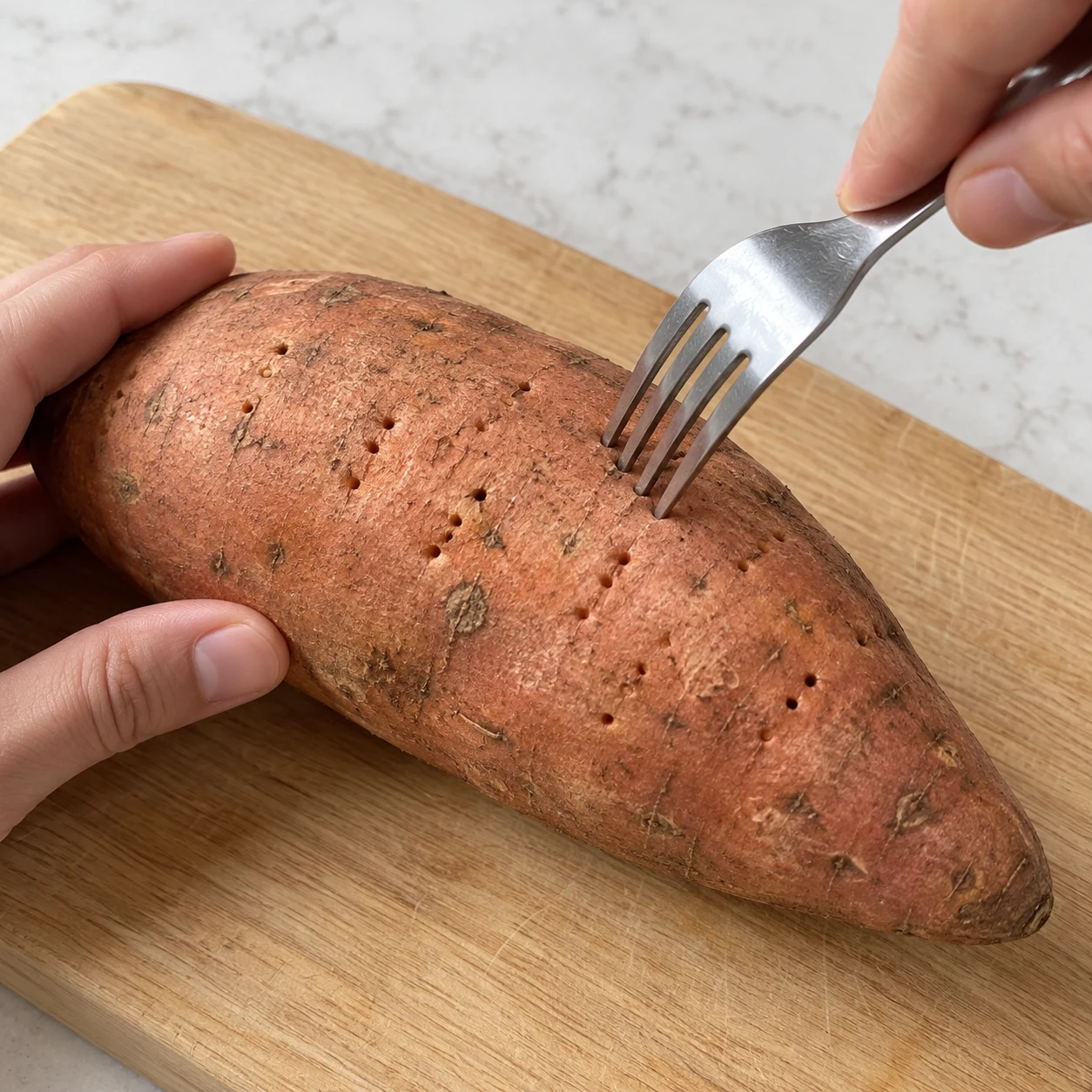 Pique la peau de la patate douce avec une fourchette sur plusieurs faces. Montrer seulement les ingrédients déjà introduits dans cette étape, mains adultes anonymes si utiles, pierre pâle et lumière naturelle, aucune personne identifiable ni texte.