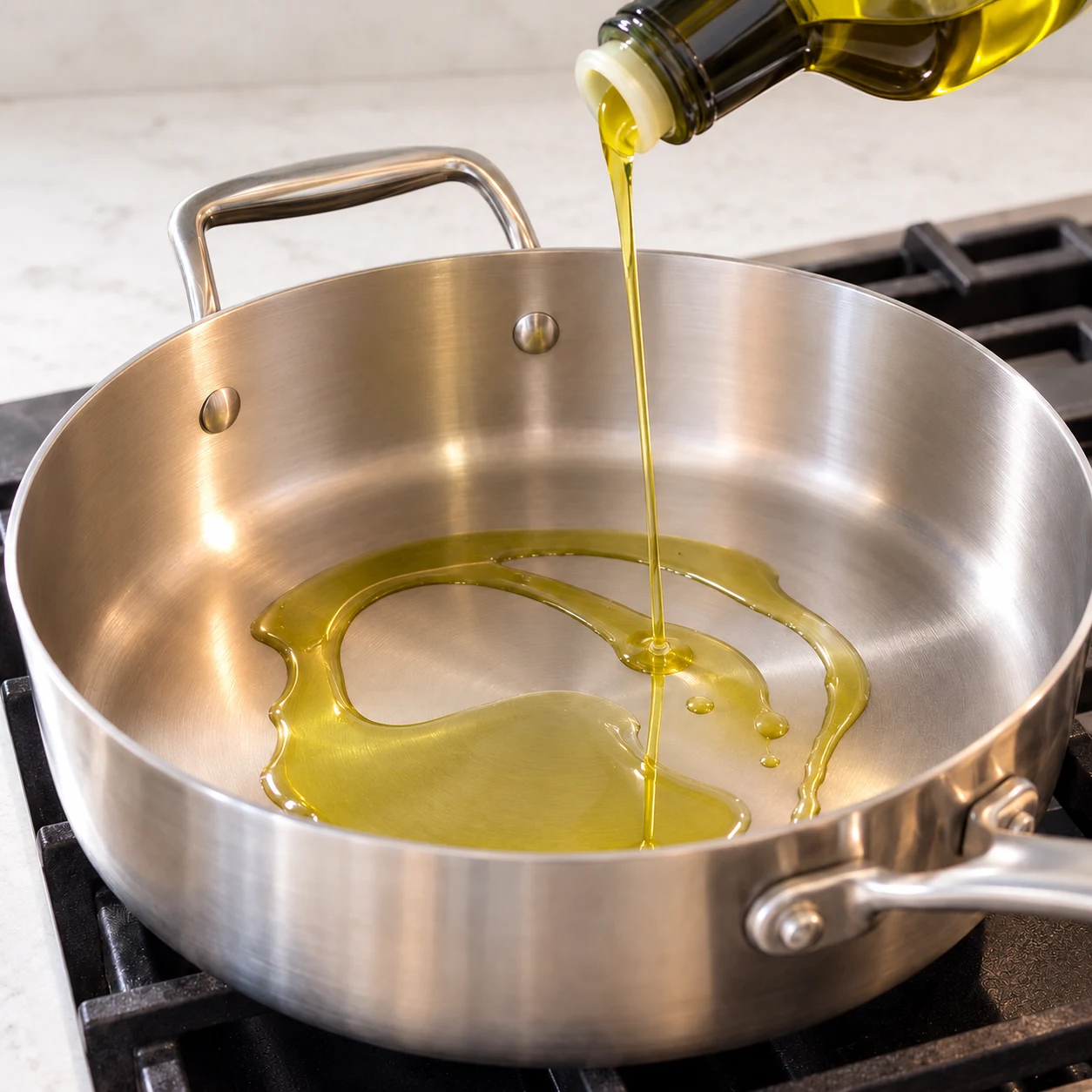 Huile d’olive en mince filet dans une sauteuse vide.