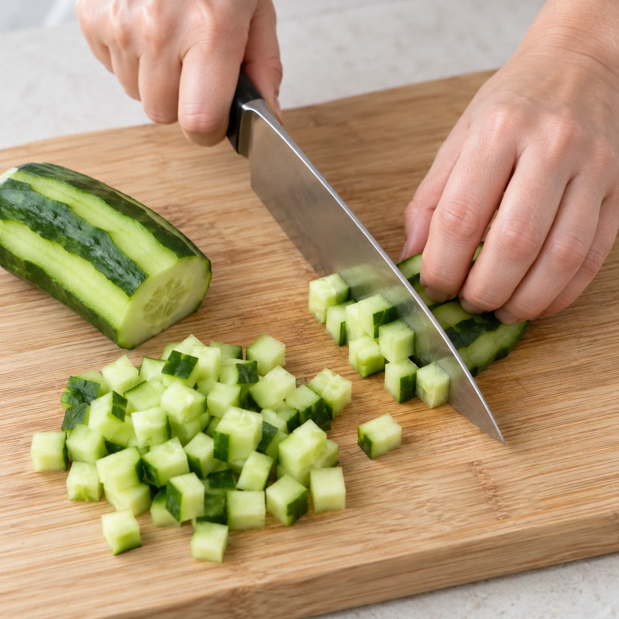 Découpe du concombre partiellement épluché en petits cubes pâles portant quelques morceaux de peau verte, couteau sur planche stable, doigts en griffe.