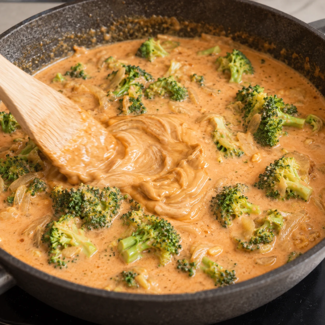 Spatule incorporant une petite masse de beurre de cacahuète dans la sauce orangée avec brocoli, aucun pois chiche.