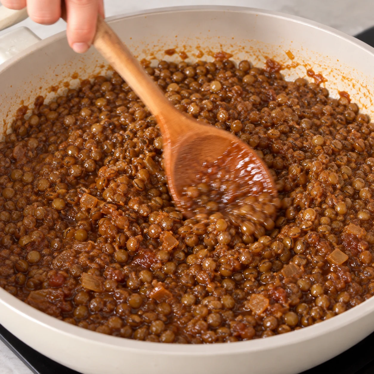 Cuillère mélangeant des lentilles fondantes dans une sauce brillante.