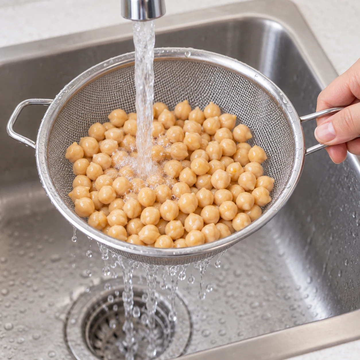 Rincer les pois chiches : Les pois chiches sont rincés, sans liquide de conserve à leur surface.