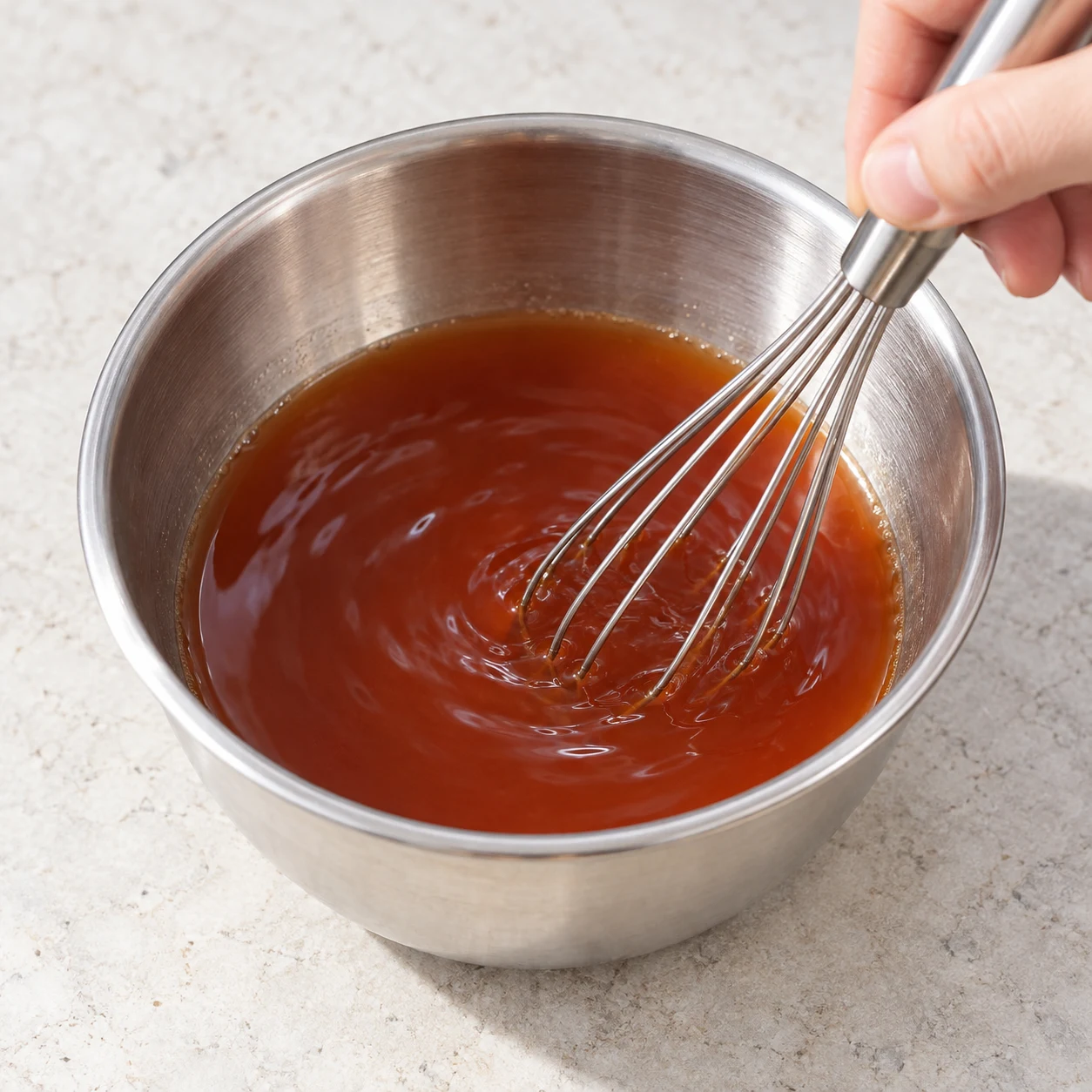 Mélangez le concentré de tomate, les 32 g de sauce soja shoyu et les 150 ml d’eau dans un récipient séparé. Une seule phase, aucun autre ingrédient.