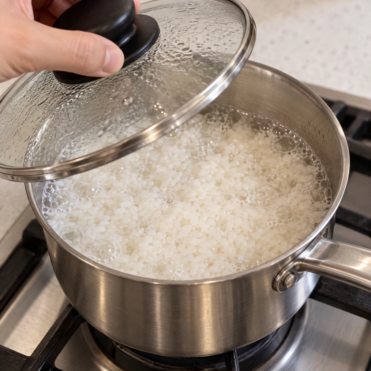 Maintiens le riz à feu moyen pendant deux à trois minutes.