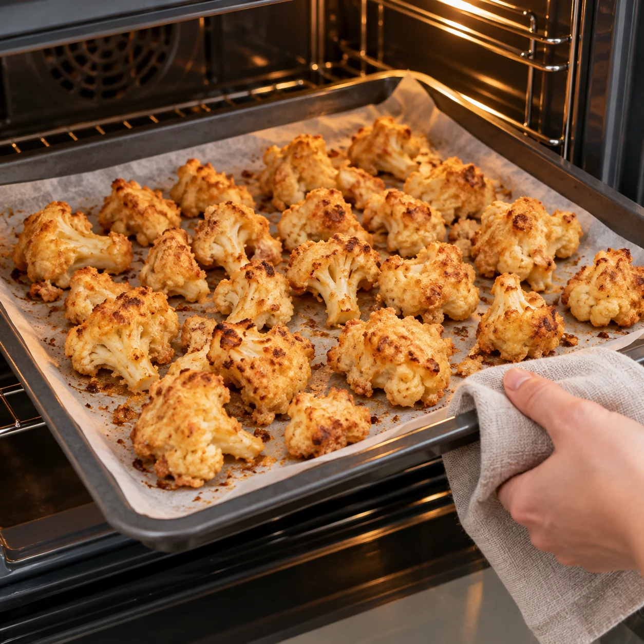 Plaque de fleurettes enrobées après cuisson, enrobage doré encore sans sauce.