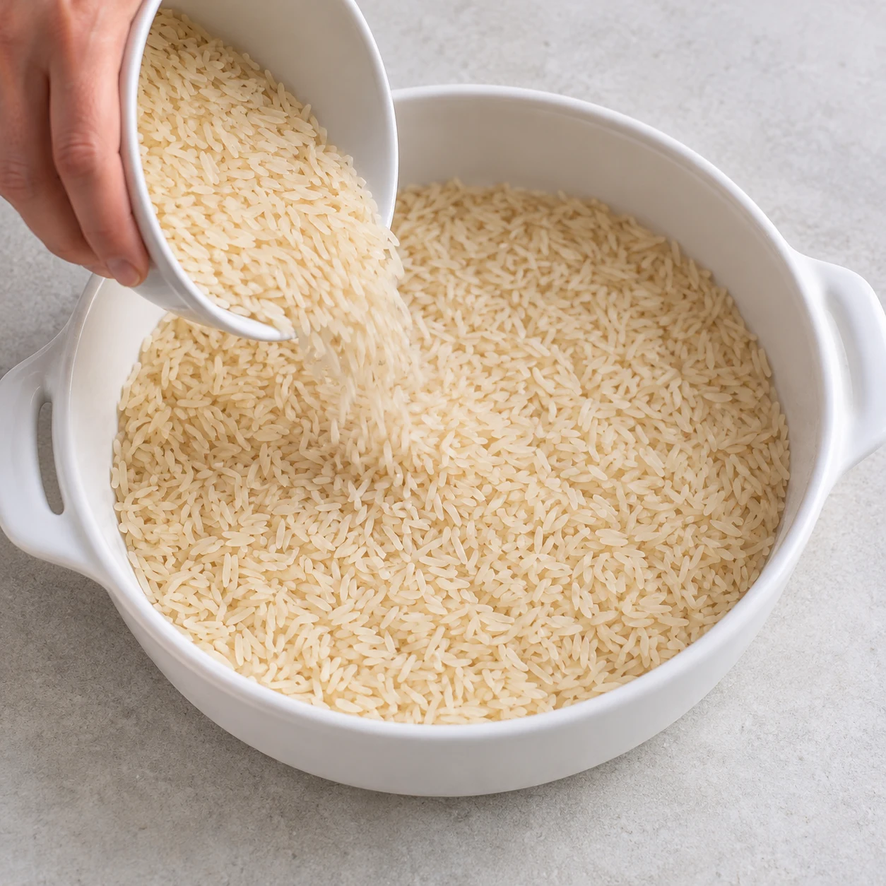 Riz sec seul dans un plat blanc rond, main versant le riz.