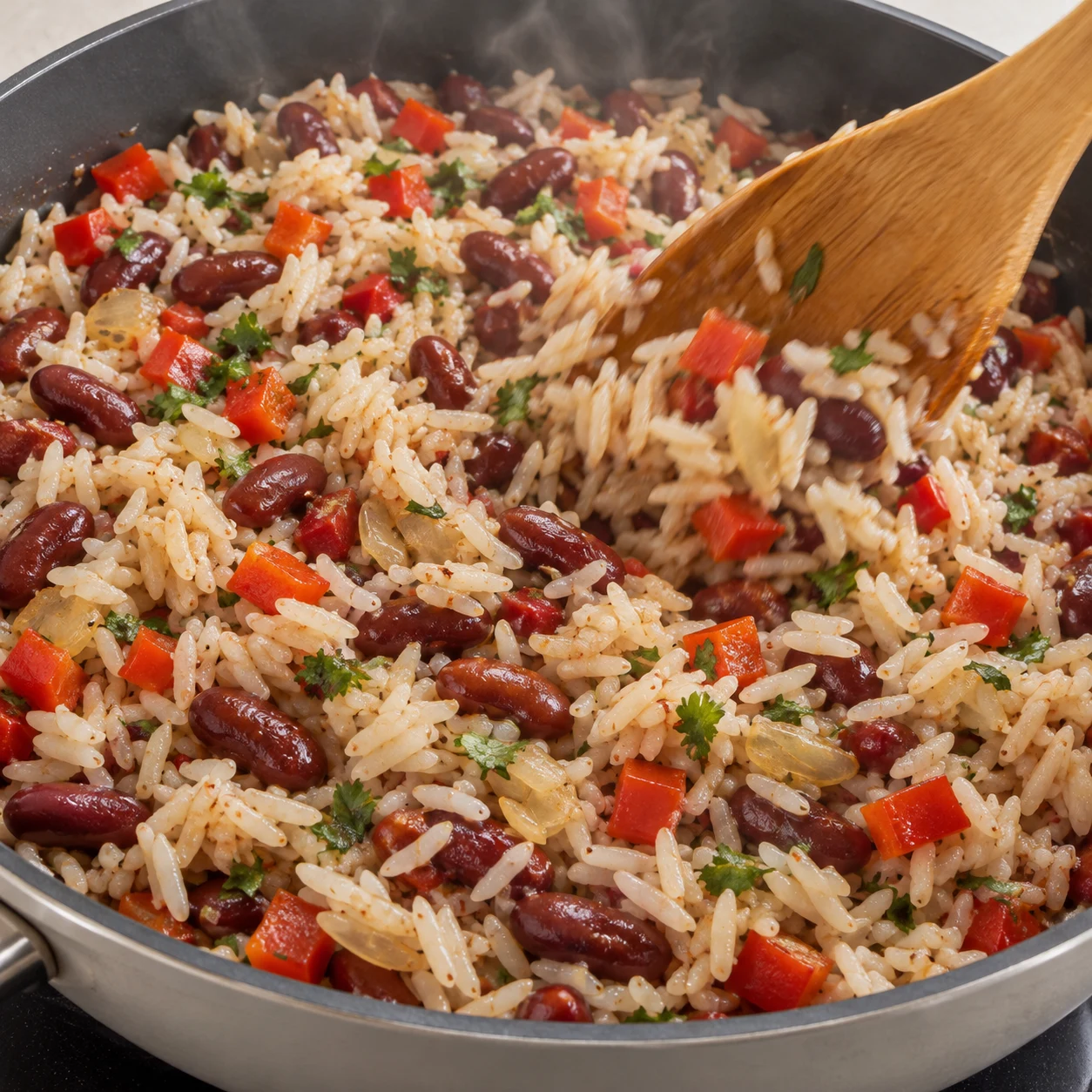 Mélanger le riz cuit. Les grains de riz sont chauds, séparés et enrobés de sauce, avec les haricots bien répartis.. Une seule action, aucun ingrédient des étapes ultérieures.
