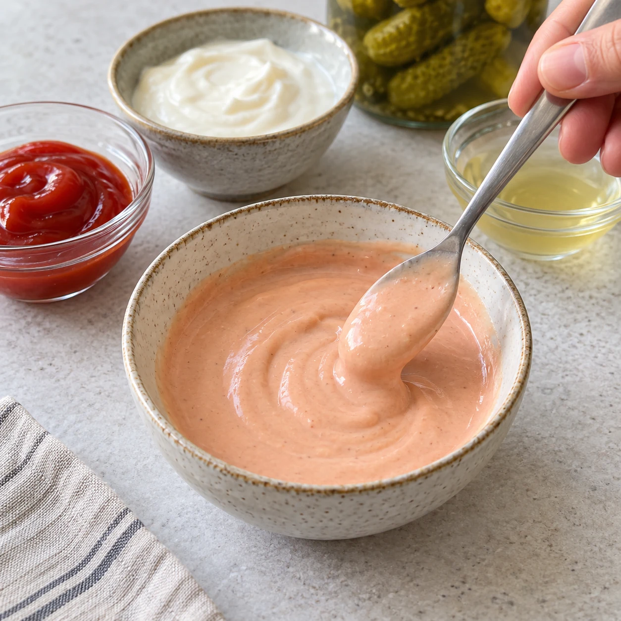 Mélange du ketchup, du yaourt de soja nature et un peu de jus du bocal de cornichons dans un petit bol. État visible : La sauce au yaourt est rose, homogène et assez souple pour être étalée.