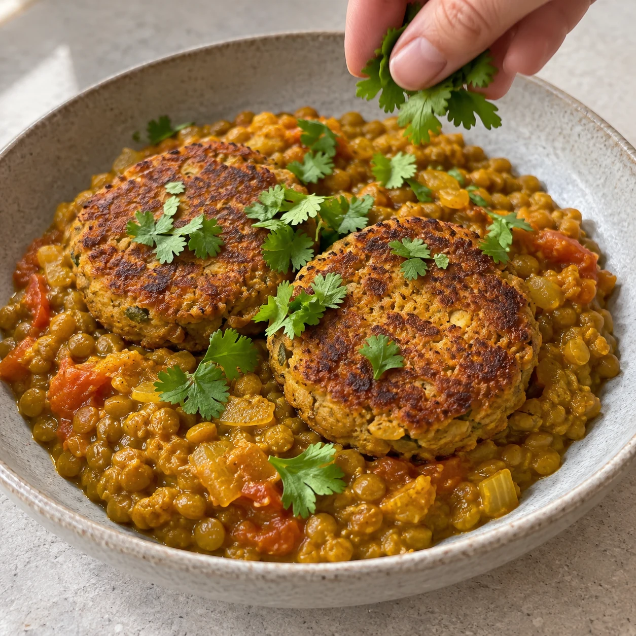 Ajoute un peu de coriandre fraîche pour le service si tu le souhaites, comme le propose la source. Montrer : Quelques feuilles de coriandre fraîche sont réparties sur le plat. Aucun poisson. Steaks végétaux ronds, texture finement hachée de pois et fèveroles, aucun tofu, aucun feuilletage de poisson.