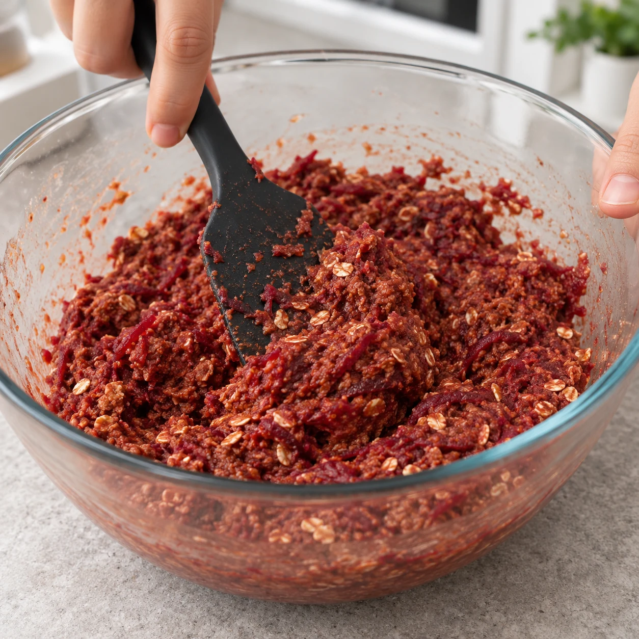 Spatule noire qui mélange une pâte rouge brun de haché végétal, flocons et betterave râpée dans le saladier en verre.