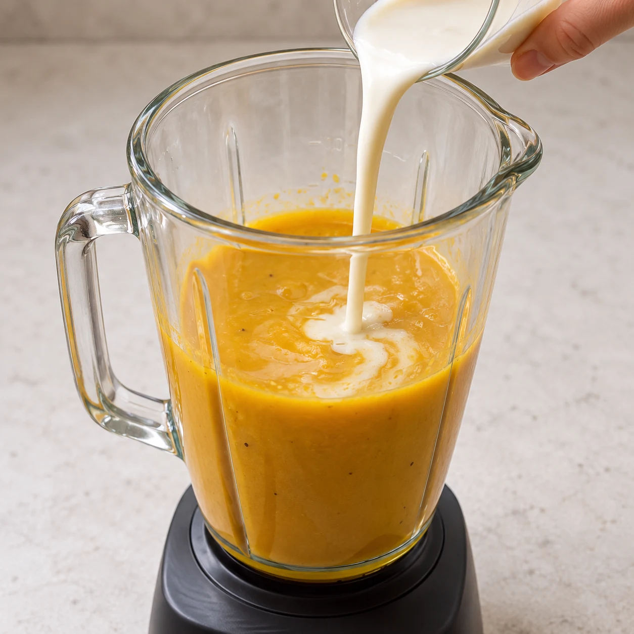 Ajoutez les 15 cl de crème de soja au velouté. Montrer uniquement les ingrédients présents à cette phase.