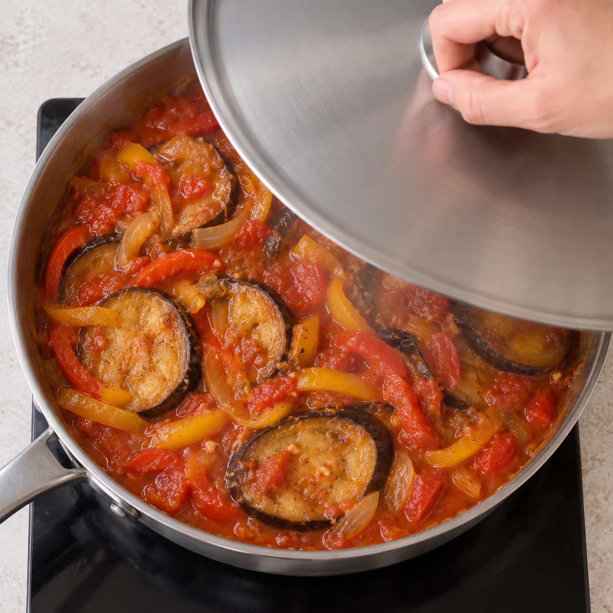 Une seule photo de l’action « Mijoter à couvert », les aubergines sont bien ramollies et la sauce entoure les légumes.