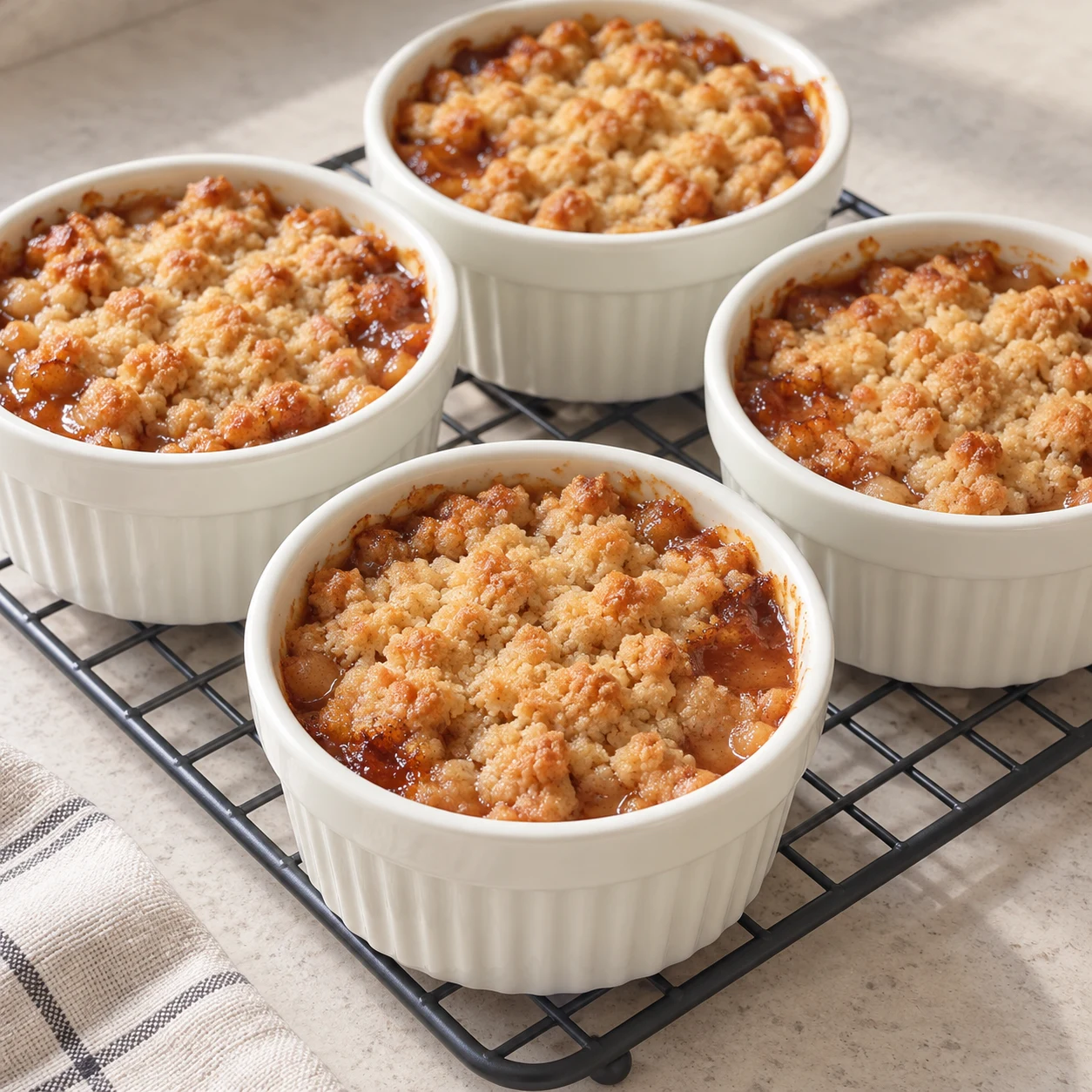 Ramequins de crumble doré reposant sur une surface protégée après cuisson.