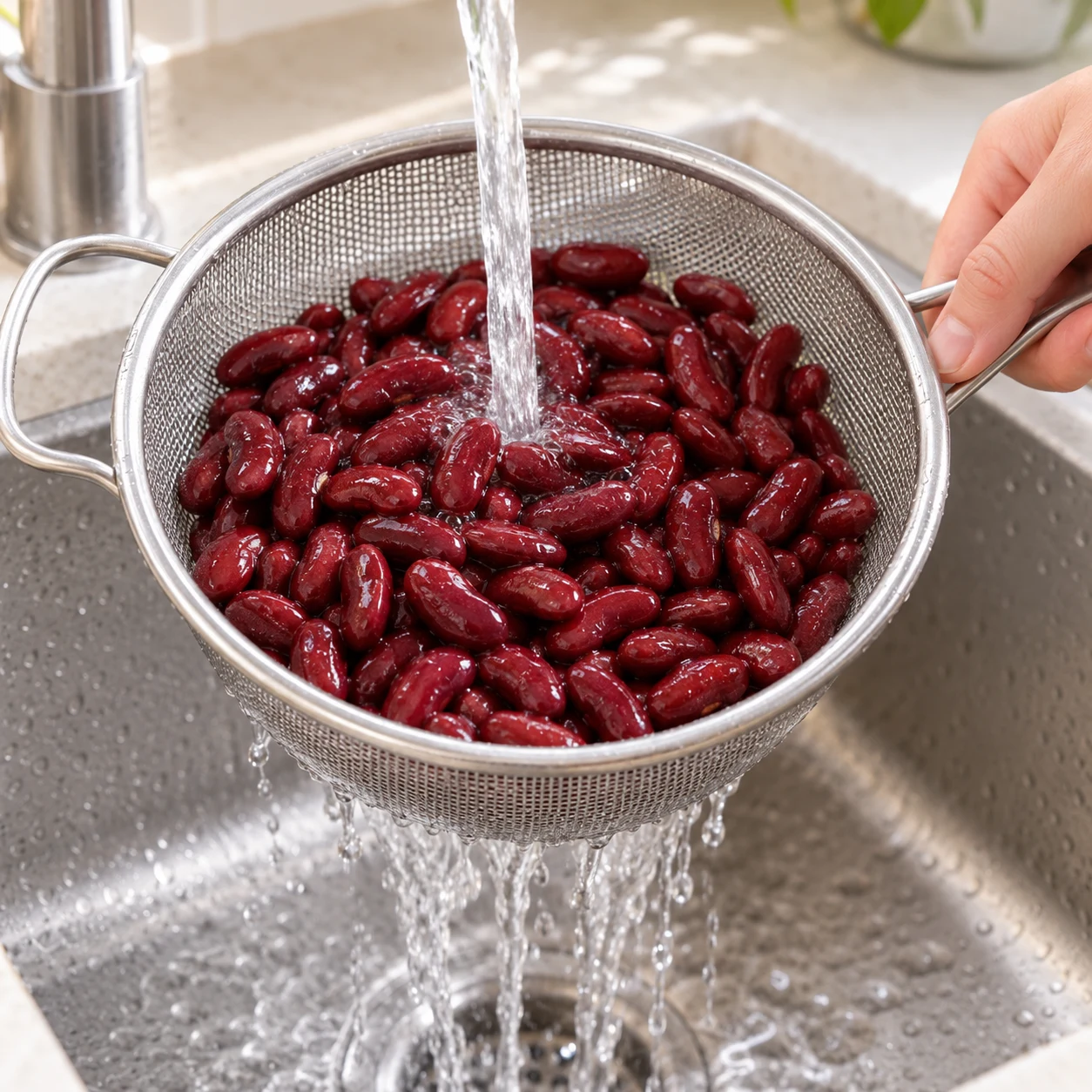 Rincer les haricots rouges : haricots rouges entiers cuits dans une passoire, aucune betterave ni sauce.