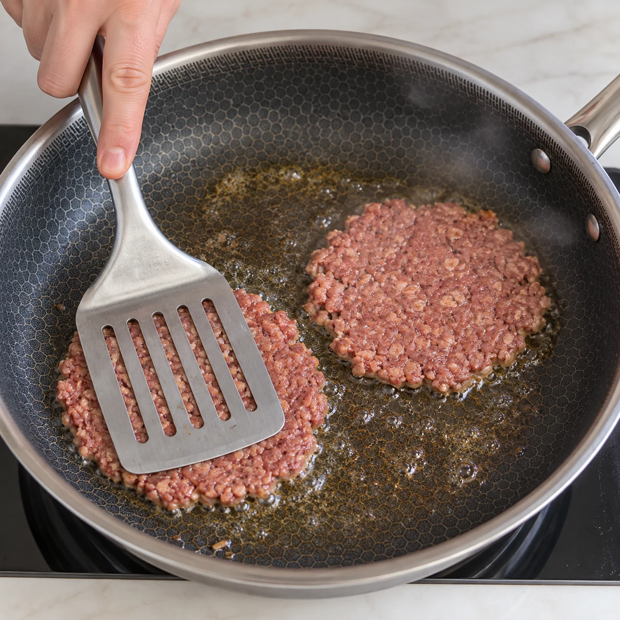 Une image carrée de l’action « Écraser les steaks dans la poêle », avec seulement les ingrédients autorisés à cette étape, dans leur état réel. Les steaks sont aplatis en disques fins, sans se chevaucher. Mains anonymes si le geste le nécessite, aucun visage ni texte.