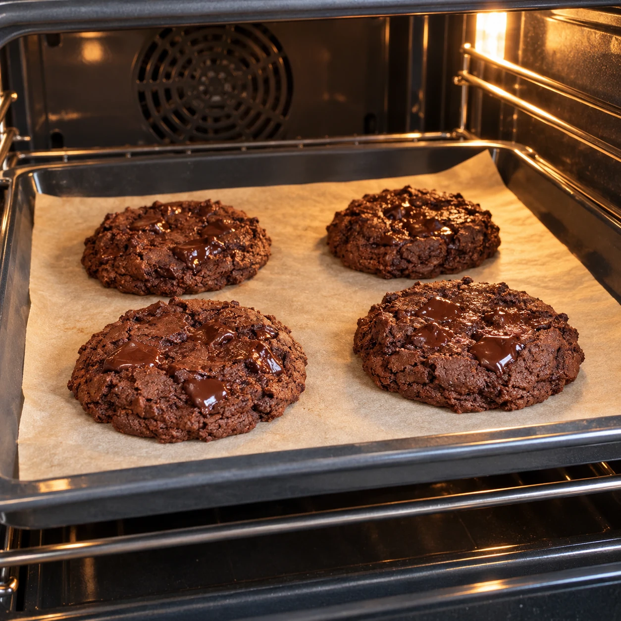 Quatre cookies bruns cuits sur papier cuisson dans un four ouvert, plaque posée sur grille, chocolat fondu en surface.