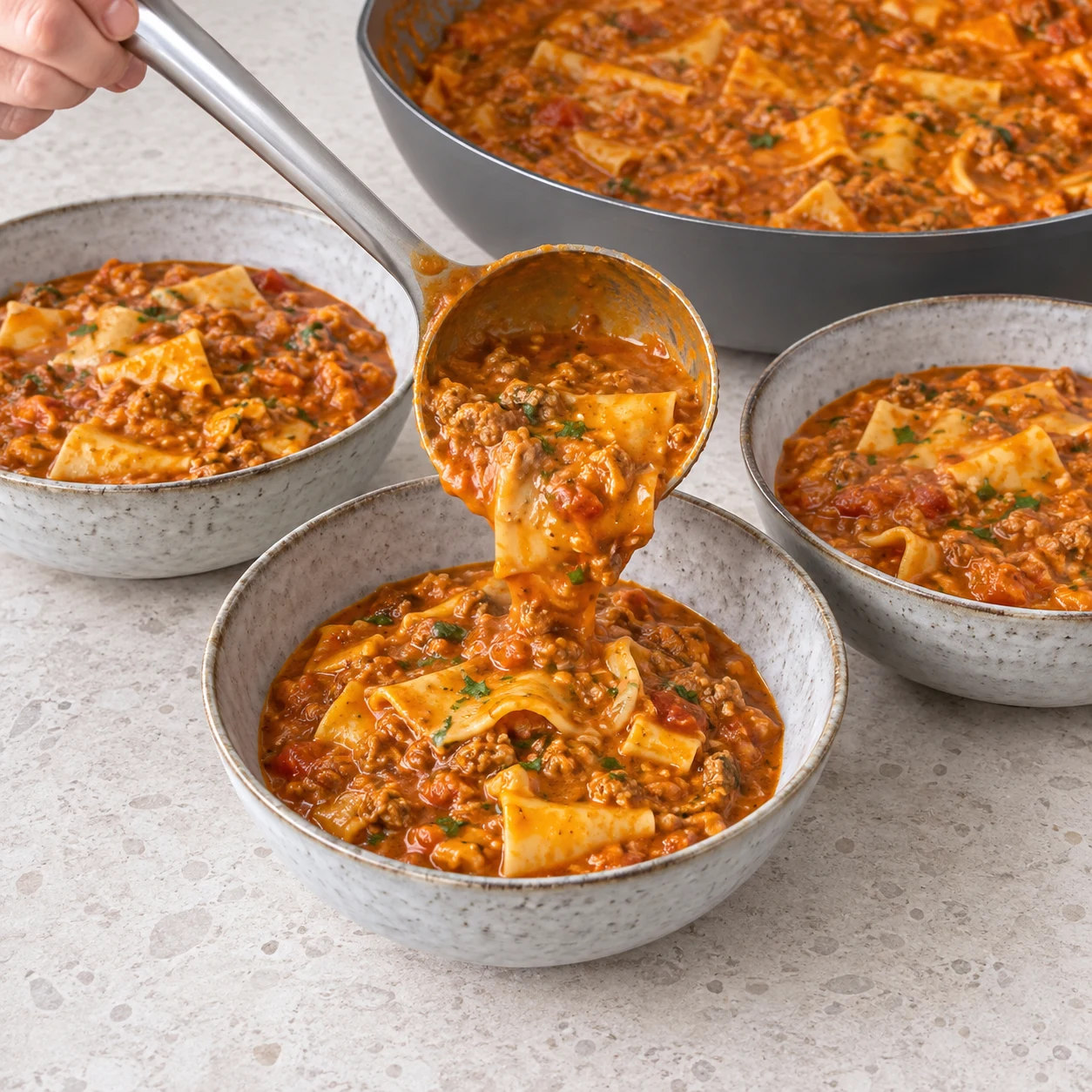 Répartis la soupe de lasagnes dans trois assiettes creuses. Montrer seulement les ingrédients de cette phase ; mains anonymes, sauteuse grise et plan de travail pierre pâle.
