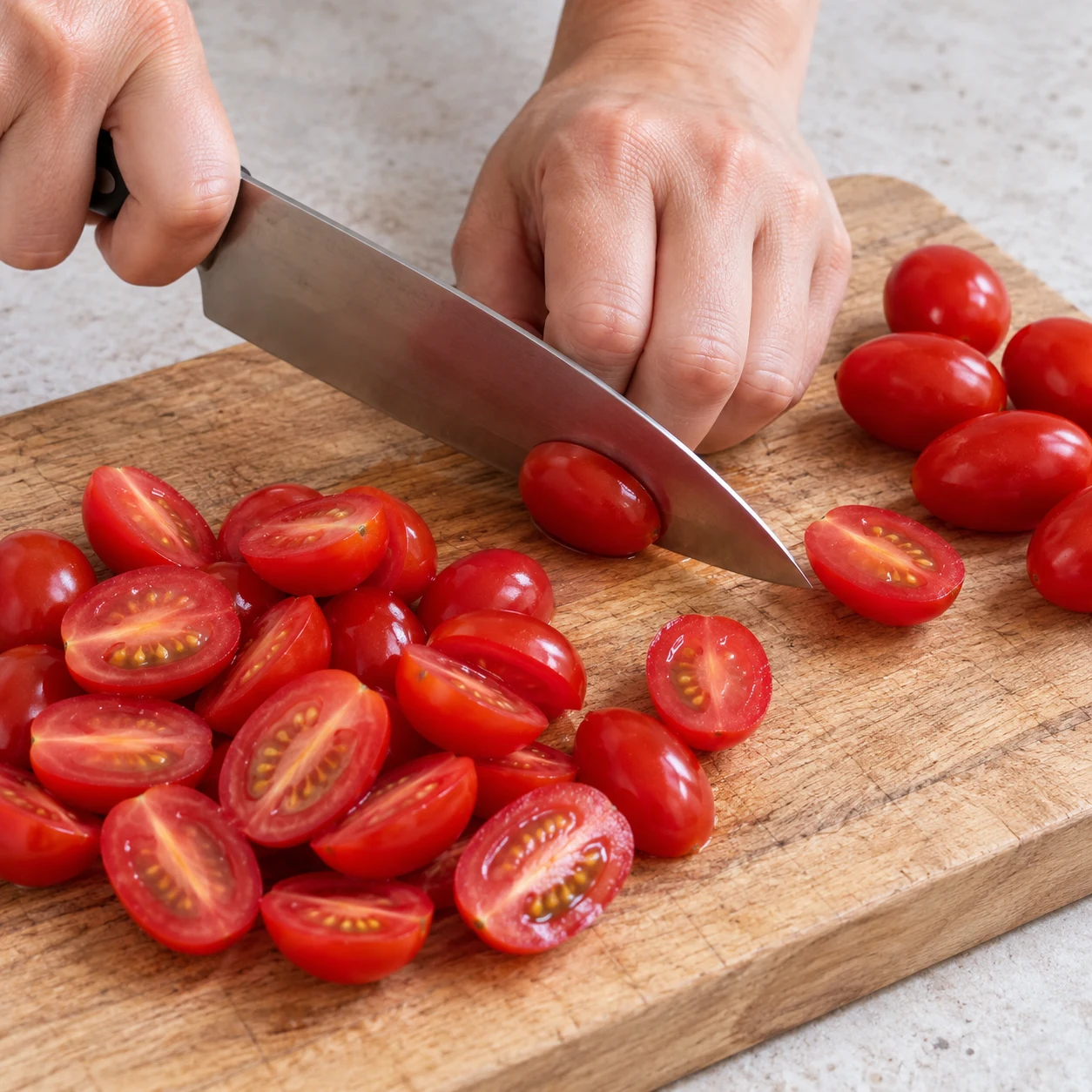 Coupe les tomates cerises en deux, comme celles montrées dans la recette d’origine.