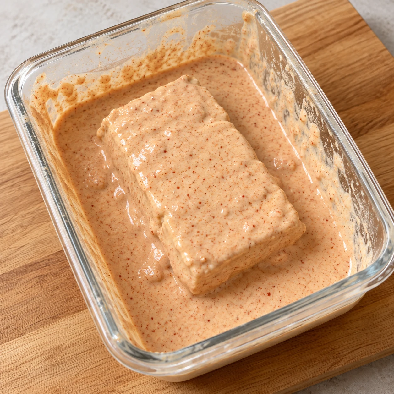 Tranche de tofu enduite de pâte dans une boîte de pâte à paner.