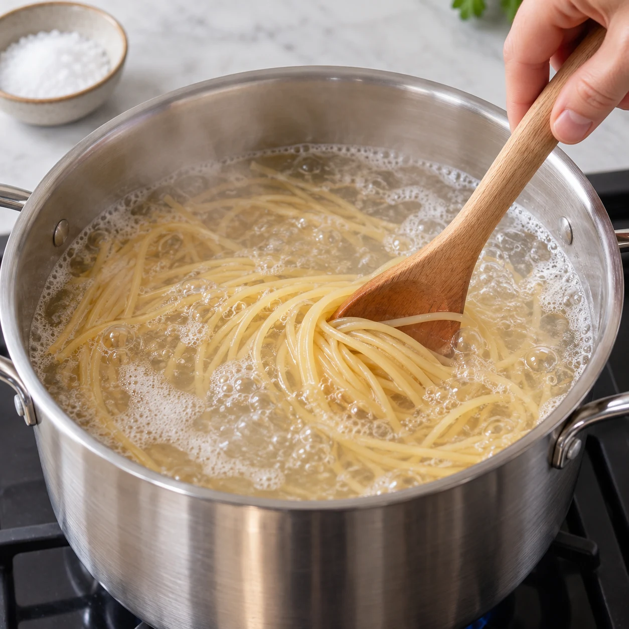 Spaghetti dans une casserole inox, remués avec une cuillère en bois.