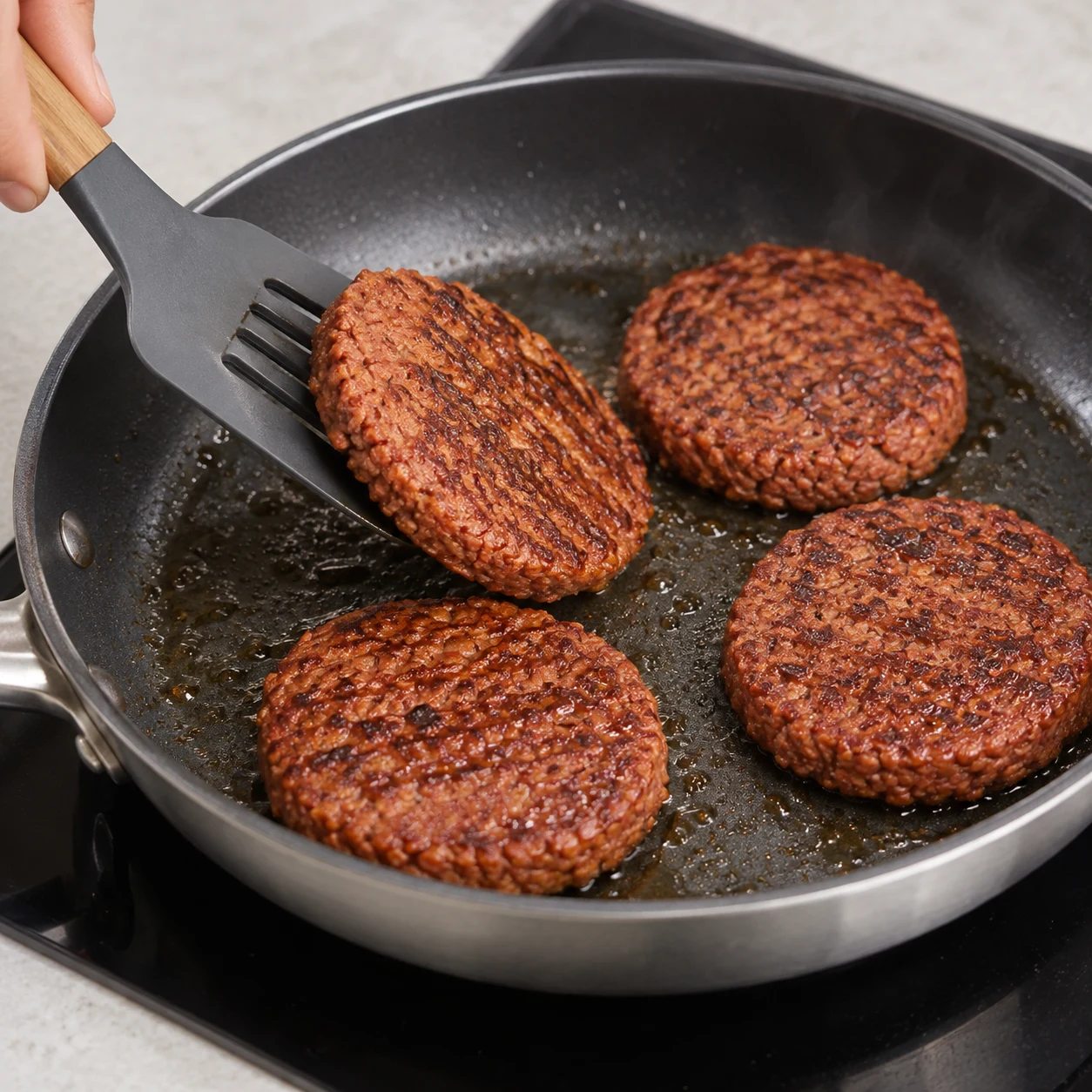 Une spatule retourne un steak végétal entier dans la poêle ; surface grillée, geste anonyme.