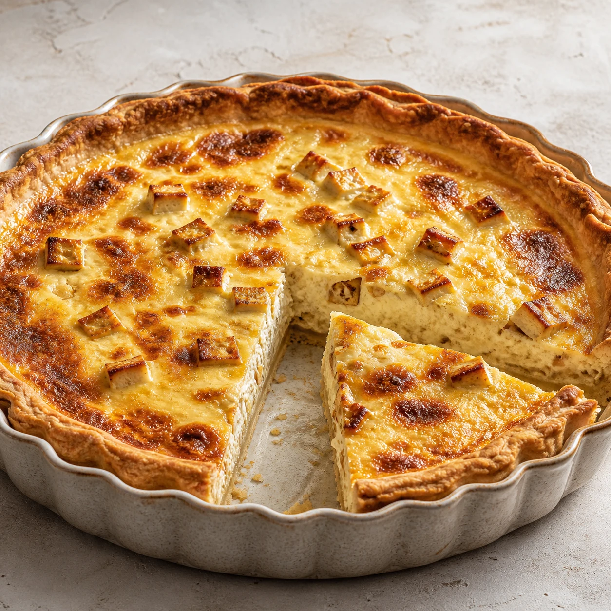 Quiche lorraine végétale cuite, surface dorée et prise, dans un moule à tarte rustique, une part prête à être servie.
