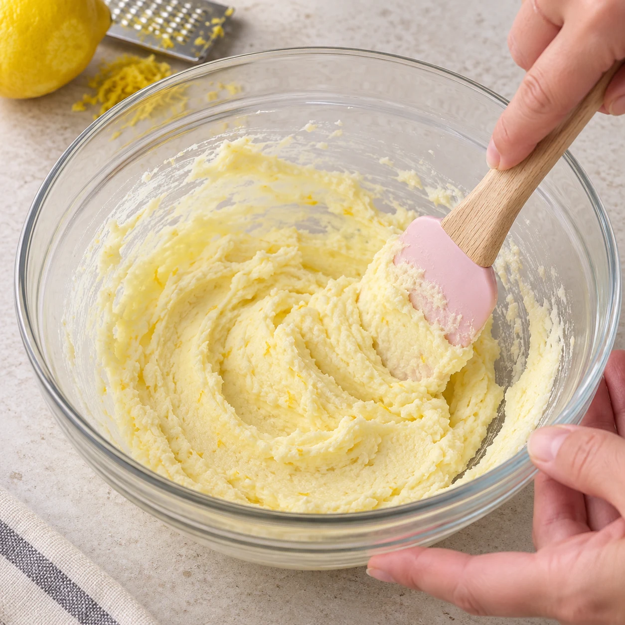Spatule incorporant le sucre citronné à la margarine molle dans un saladier.