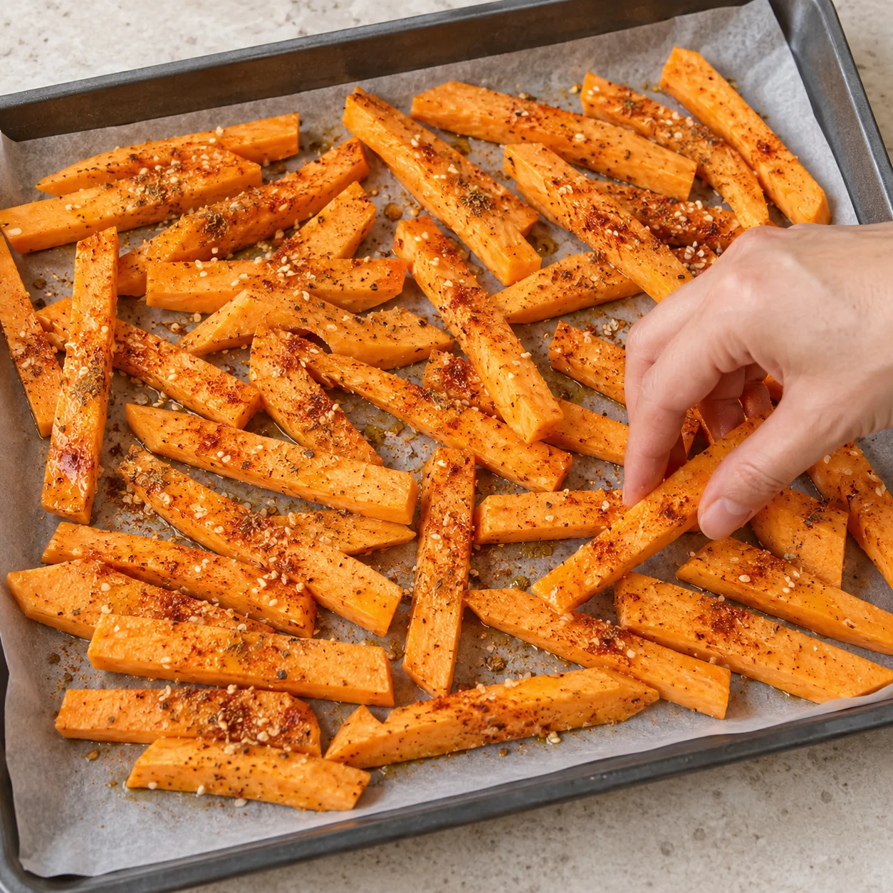 Main répartissant les frites encore crues et assaisonnées sur papier cuisson.