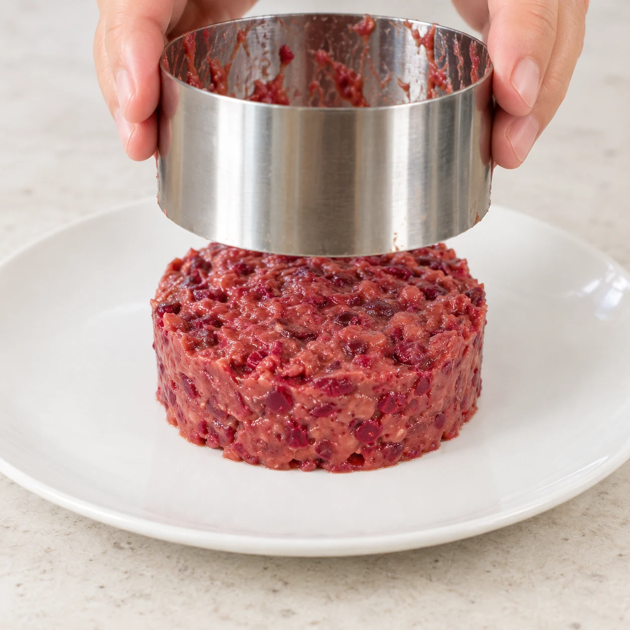 Mouler les tartares : Les deux tartares tiennent leur forme cylindrique dans les assiettes.