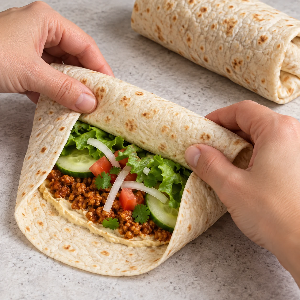 Roule les tortillas garnies et sers les wraps.
