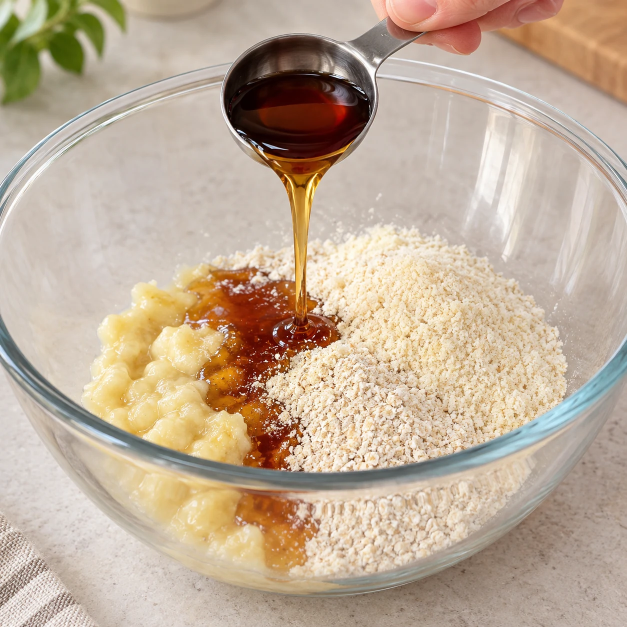 Sirop ambré coulant sur les poudres et la purée de banane.