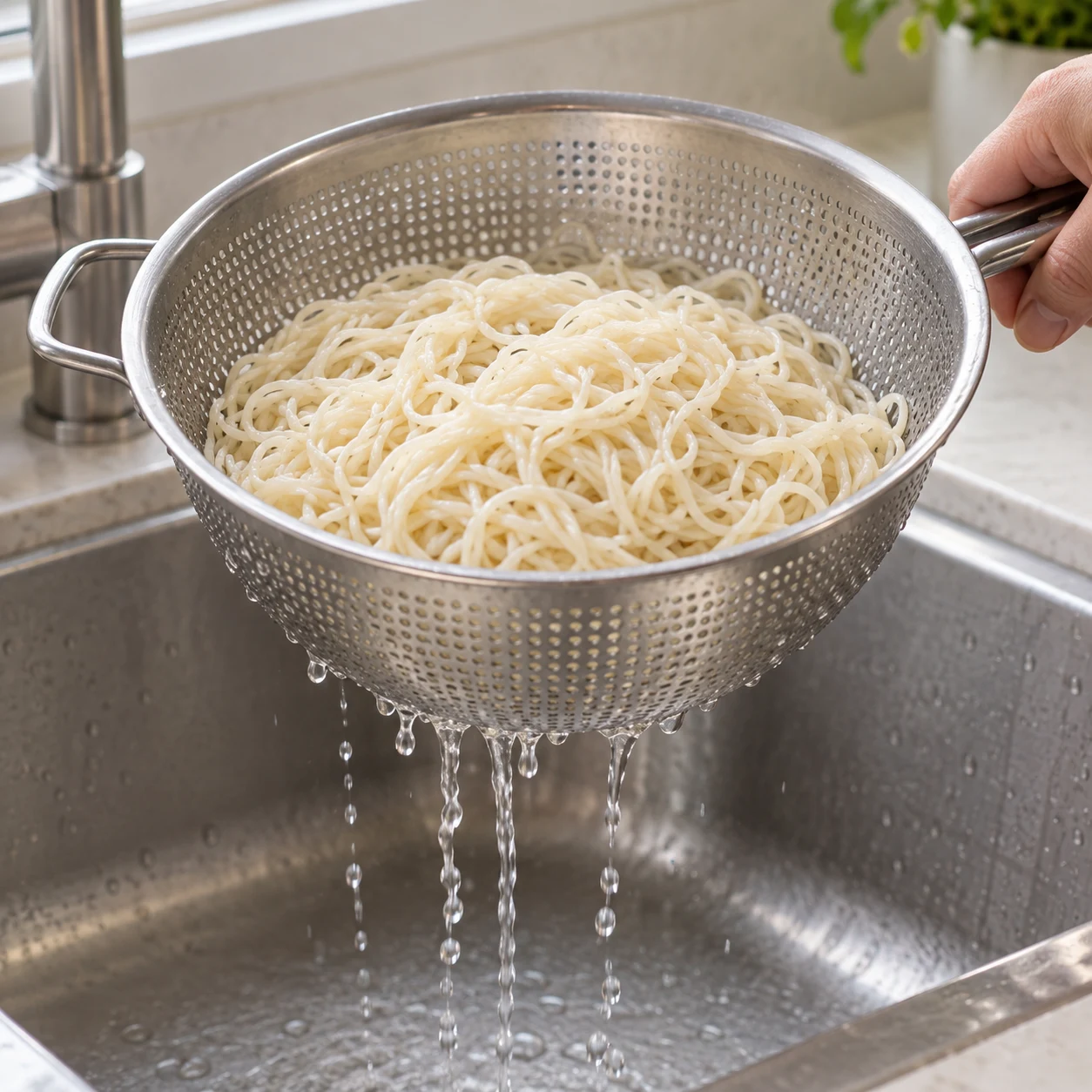 Nouilles de blé fines cuites dans une passoire, eau qui s’égoutte.
