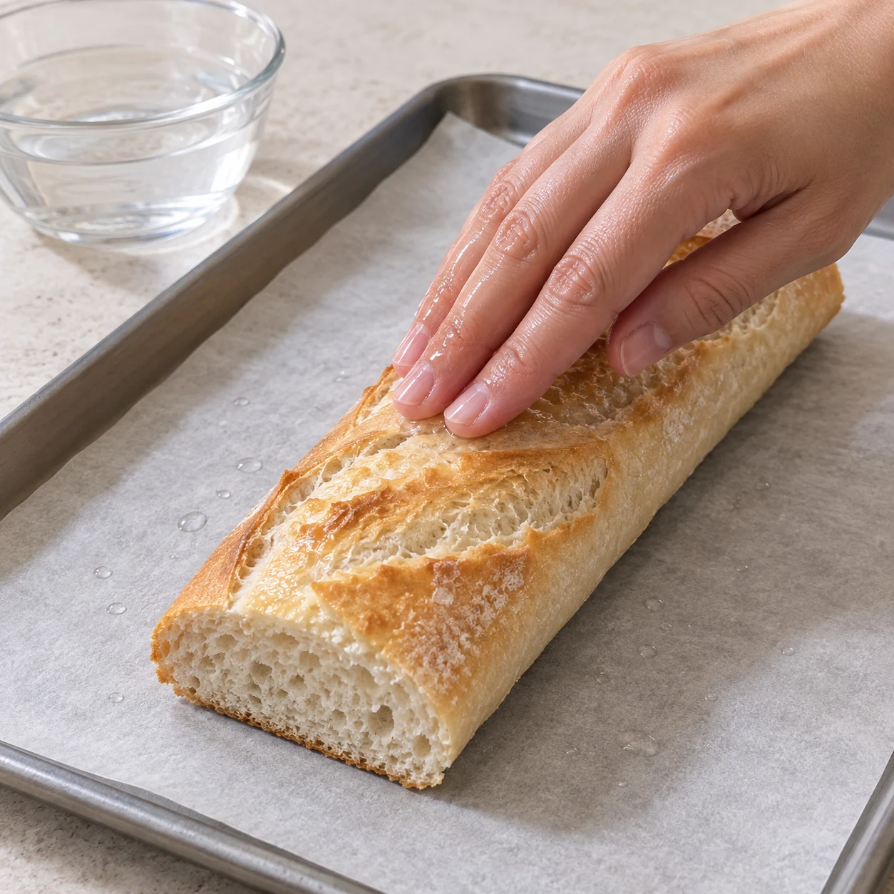 Demi-baguette blanche nature précuite, sans garniture, légèrement humidifiée à la main sur une plaque neutre. Le pain est seul, avant toute tartinade.