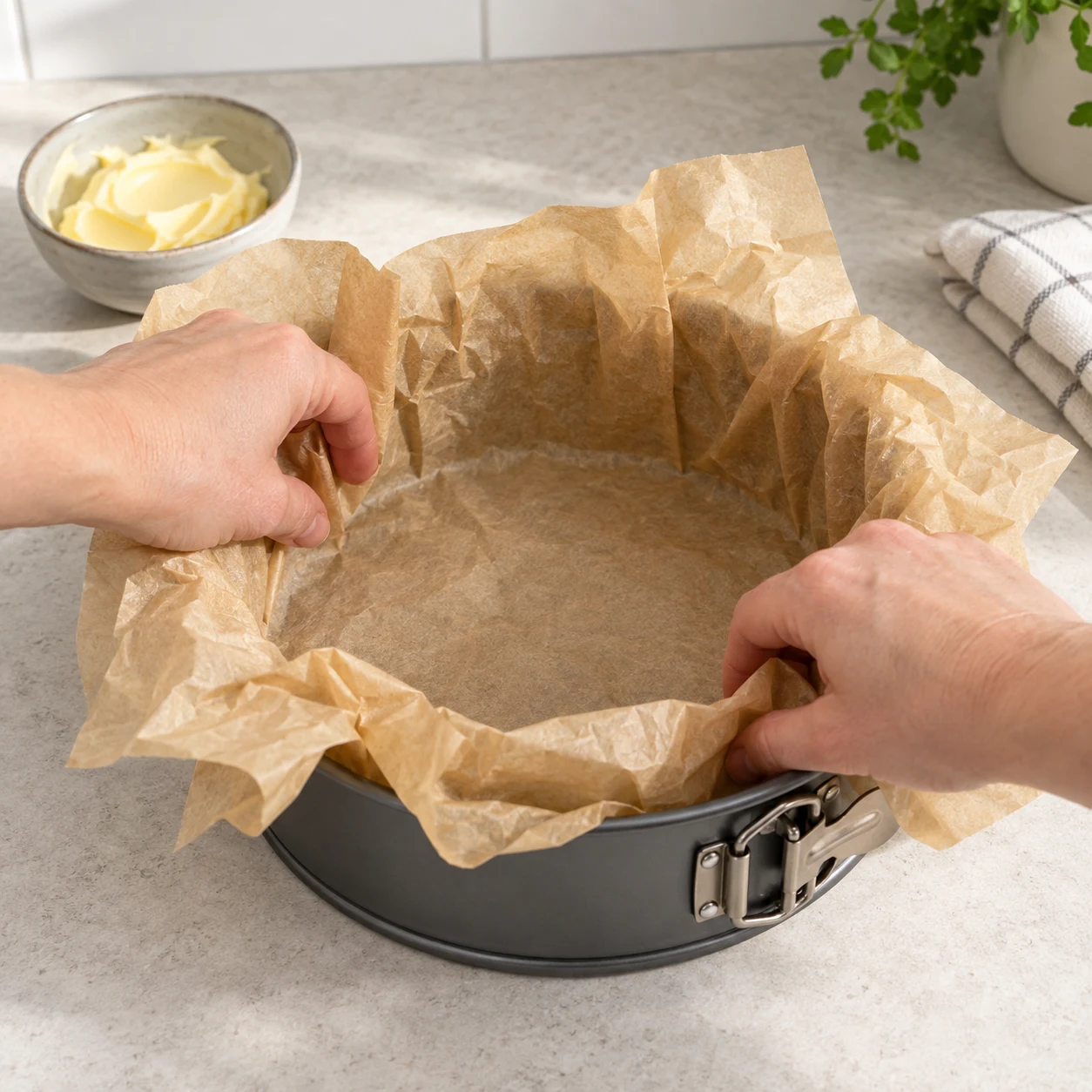 Deux mains anonymes placent le papier cuisson dans un moule à charnière, comme dans la capture.
