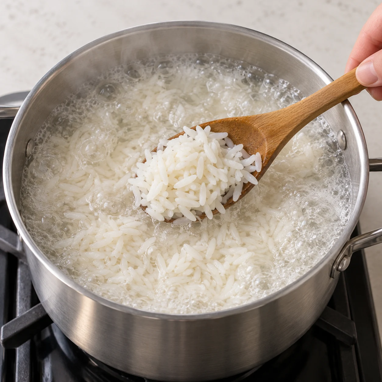 Riz blanc cuisant dans une casserole d’eau bouillante, aucune sauce ni légumes.