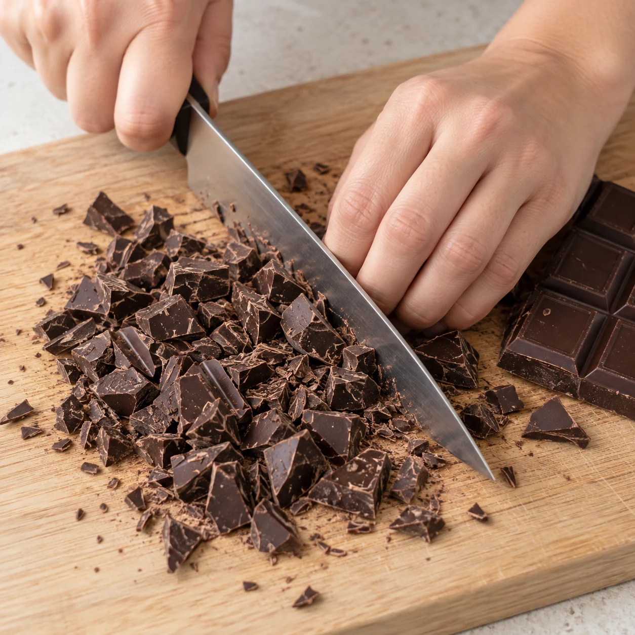 Concasser les 90 g de chocolat noir sur une planche en morceaux irréguliers.