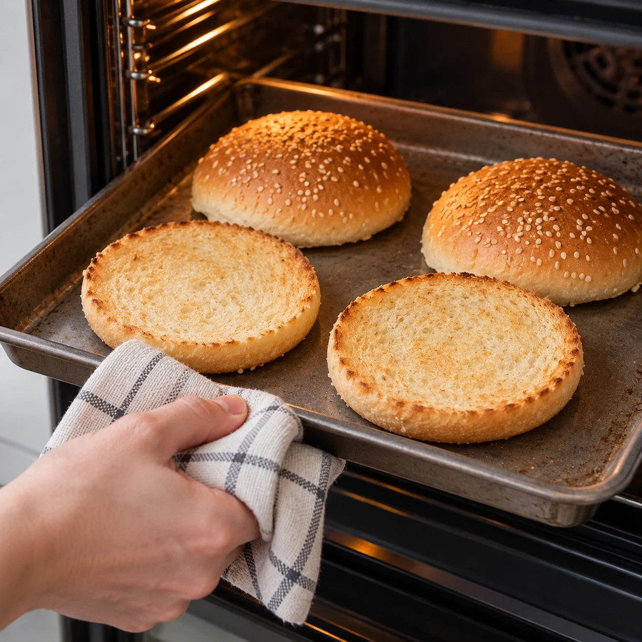Passez les demi-pains à burger quelques minutes au four ou à l’air fryer pour les rendre légèrement croustillants, en surveillant leur surface. Montrer seulement cette action et les ingrédients déjà présents.