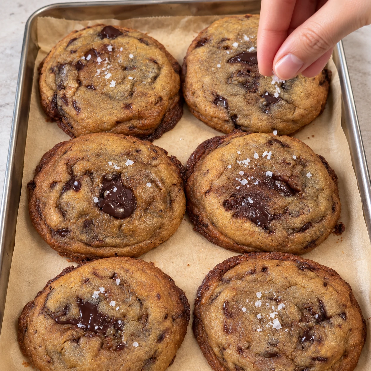Ajouter un peu de fleur de sel sur les cookies. La recette d’origine donne la fleur de sel simple ; la recette d’origine et la boîte montrent une version vanillée, facultative.