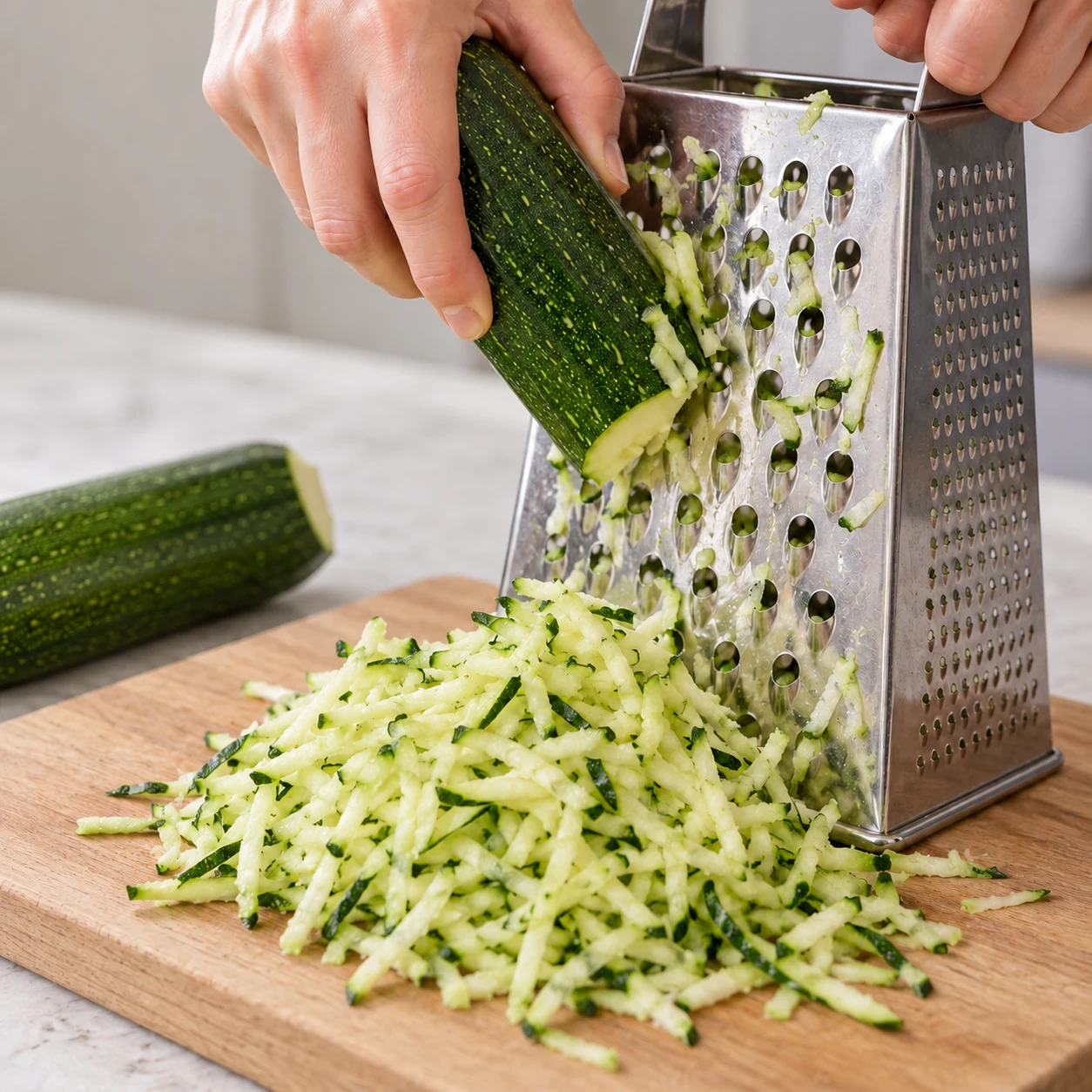 Râper la courgette. La courgette est réduite en filaments réguliers. Une seule action, cadrage carré, aucun texte ni personne identifiable.
