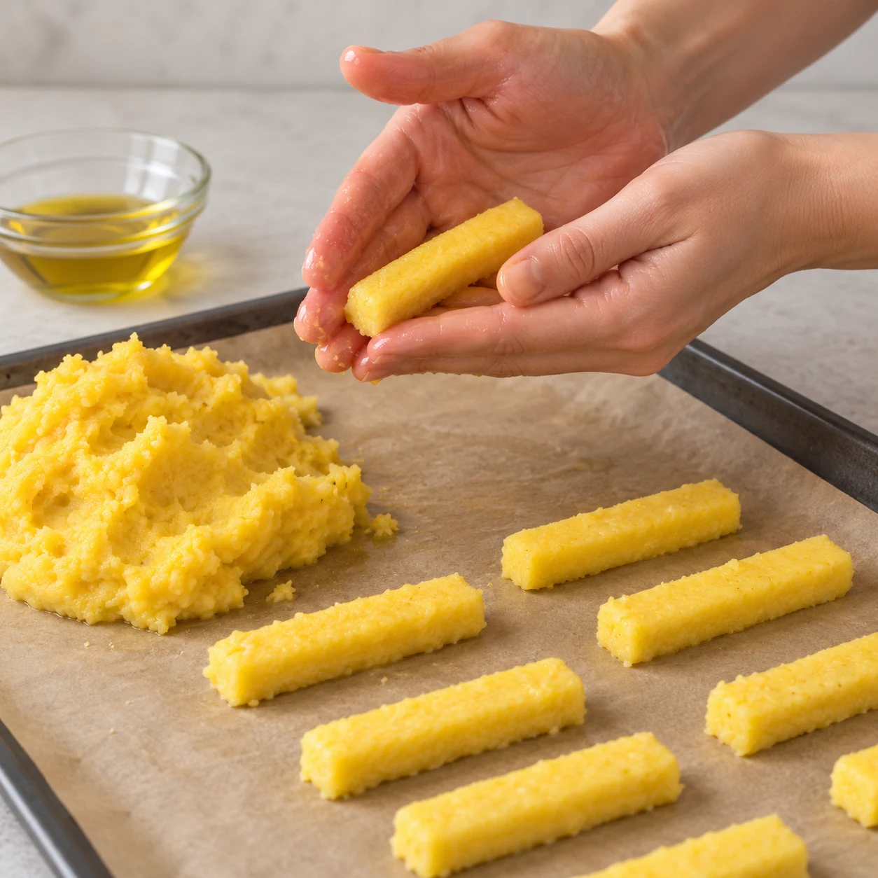Deux mains adultes anonymes façonnent un bâtonnet de polenta jaune tiède ; pâte et bâtonnets crus sur papier sulfurisé.
