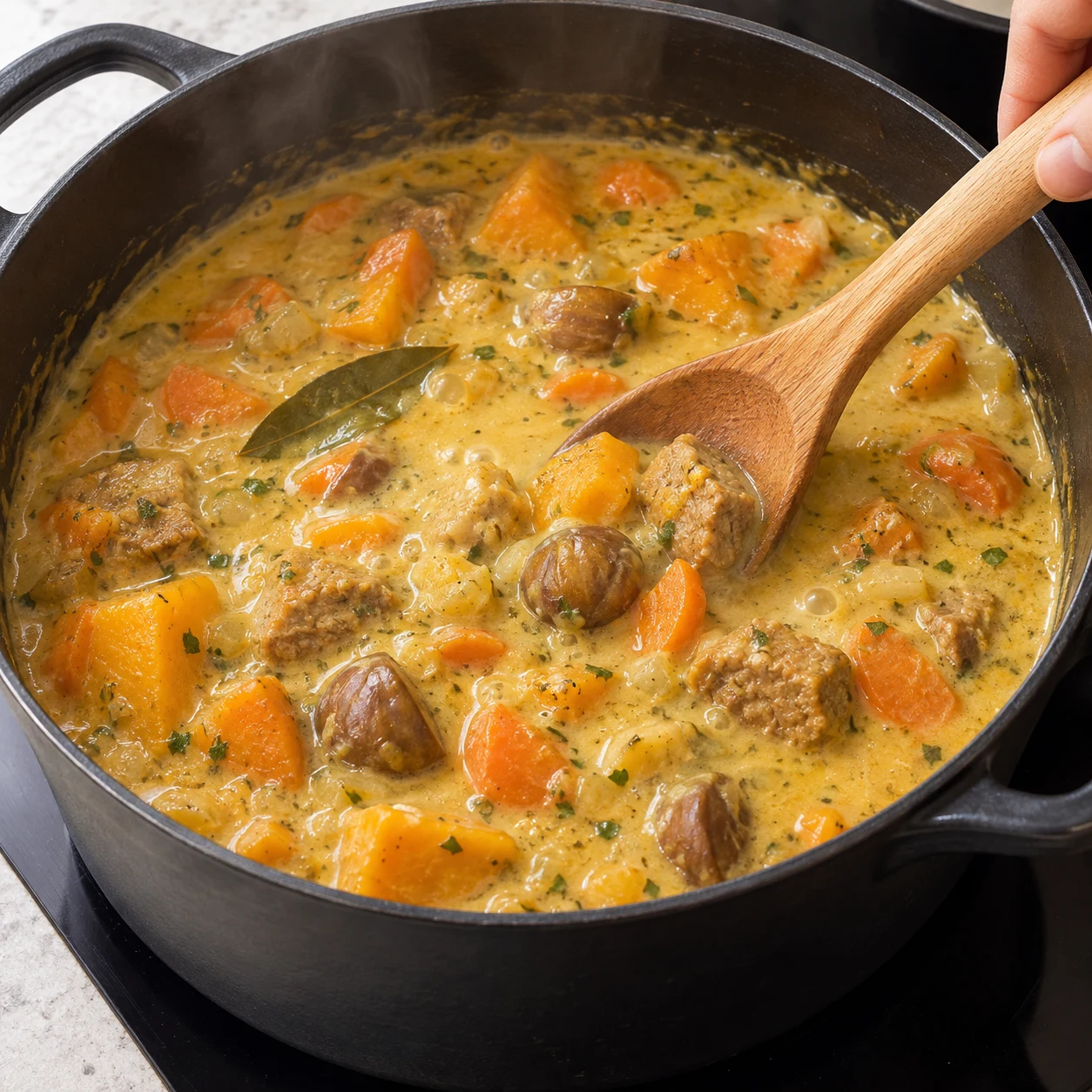 Prolonge la cuisson 10 minutes à découvert, à léger frémissement, sans remuer vigoureusement pour préserver les morceaux végétaux cuits. État à montrer : La sauce est chaude et crémeuse, les légumes sont fondants et les marrons restent en morceaux.