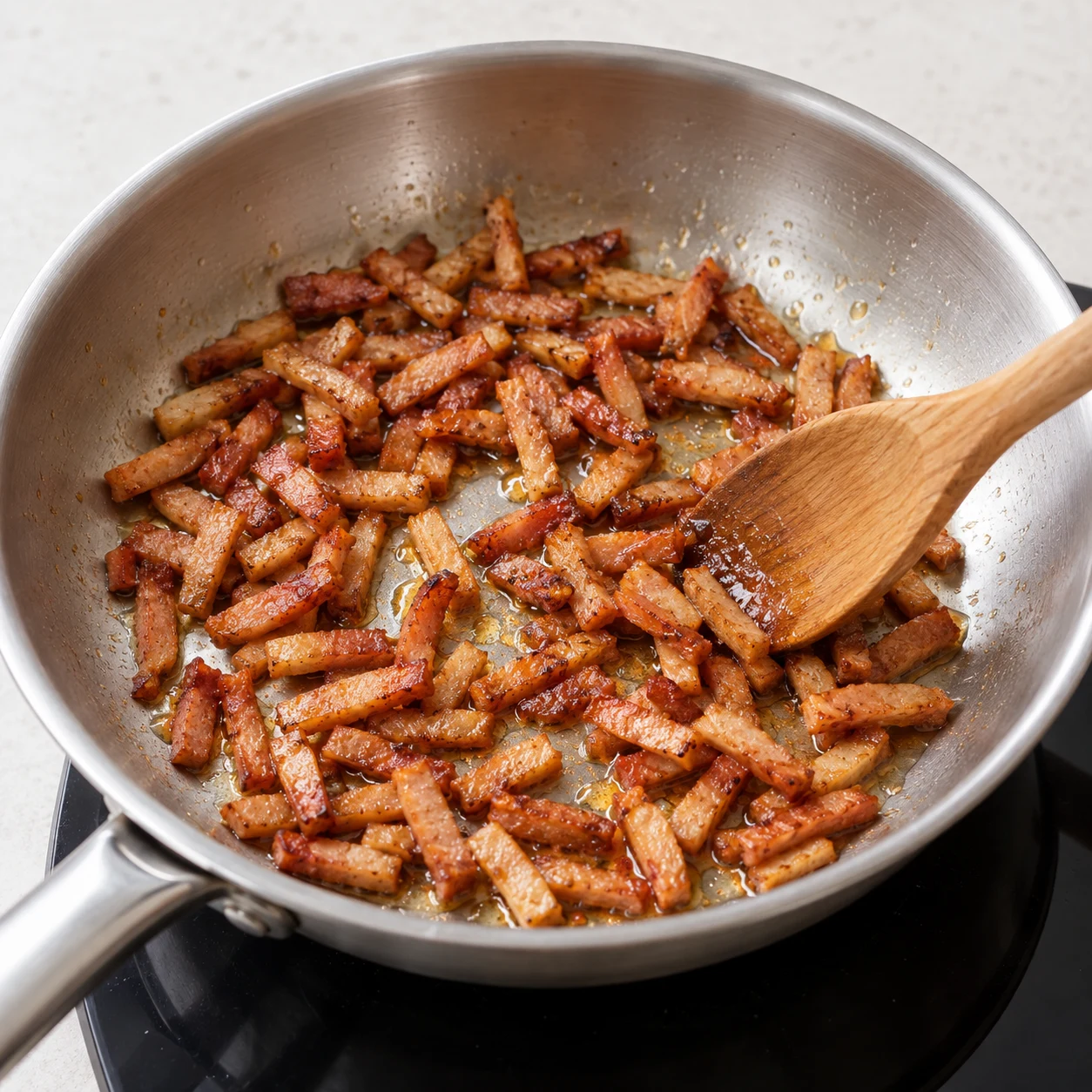 Lardons végétaux fumés en petits bâtonnets dorant dans une poêle, avec un film d’huile, sans poisson ni tofu.