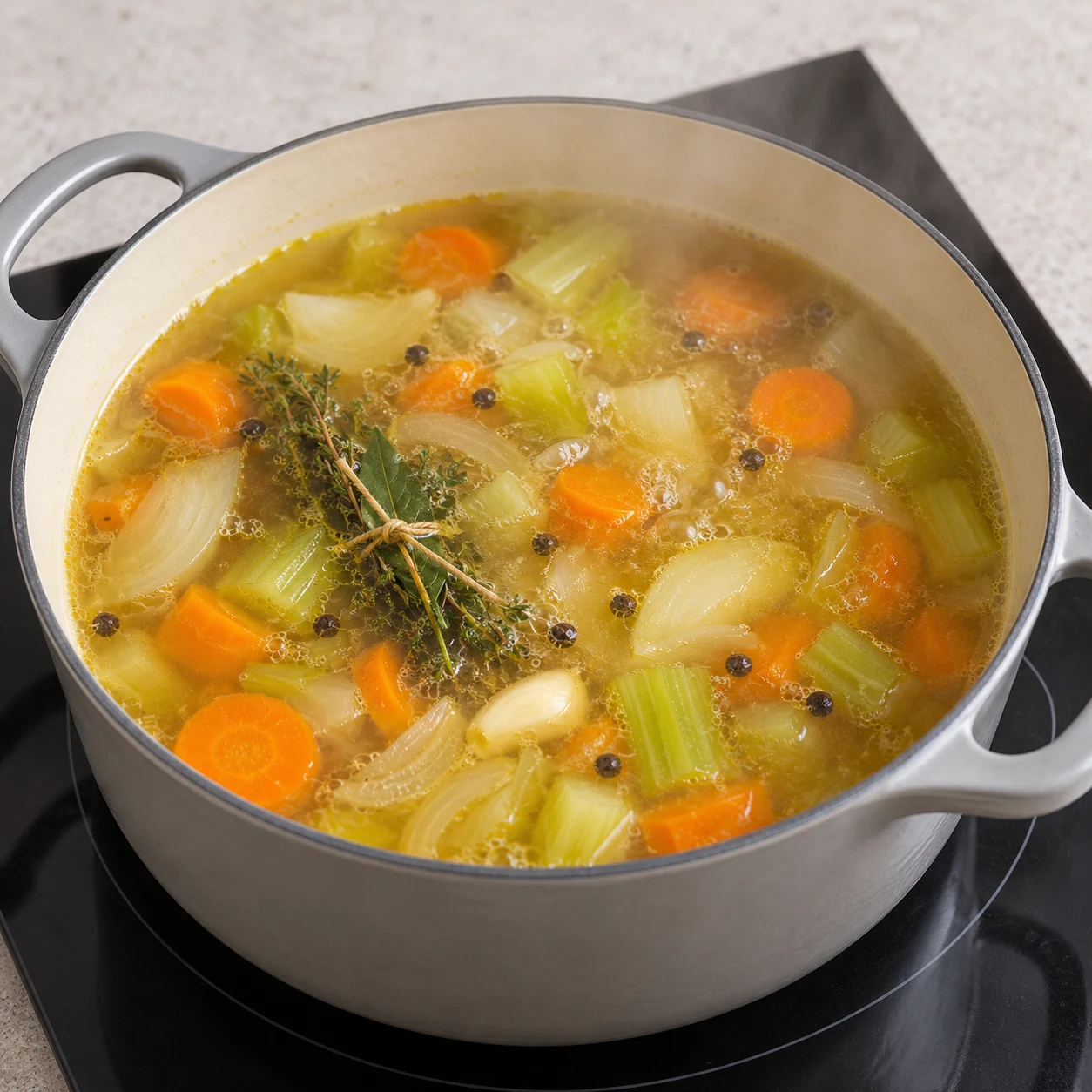 Faire mijoter le bouillon : Les légumes baignent dans le bouillon aromatisé après les 20 minutes de mijotage.